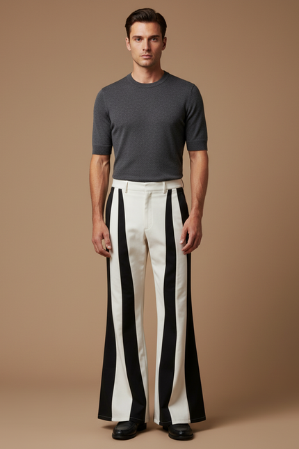 Pantalon Patte D'Éléphant Rayé Noir Blanc Évasé Rétro Homme - Multicolore Gabardine