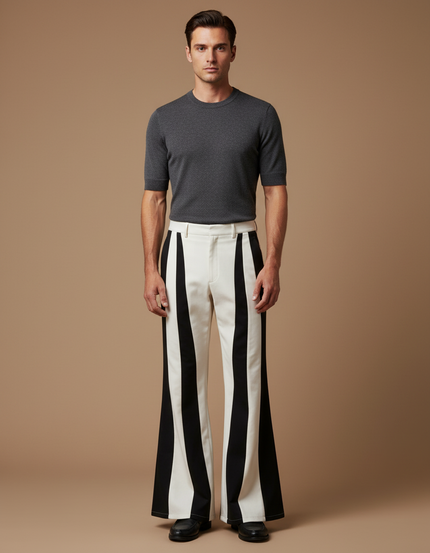 Pantalon Patte D'Éléphant Rayé Noir Blanc Évasé Rétro Homme - Multicolore Gabardine