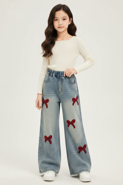 Pantalon Patte D'Éléphant Denim Bleu Nœuds Rouges Fille - Jean