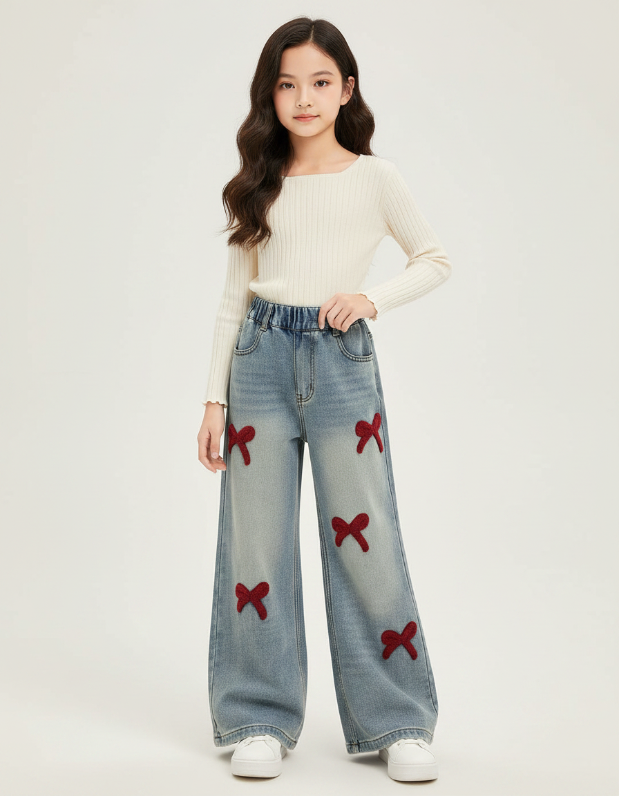 Pantalon Patte D'Éléphant Denim Bleu Nœuds Rouges Fille - Jean