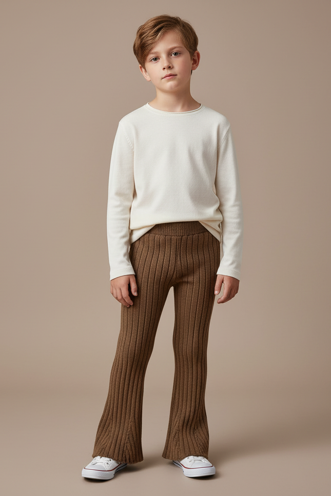 Pantalon Patte D'Éléphant Marron Côtelé Tricoté Confortable Enfant - Maille