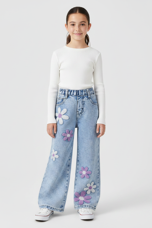 Pantalon Patte D'Éléphant Denim Fleuri Ample Enfant Décontracté - Bleu Jean