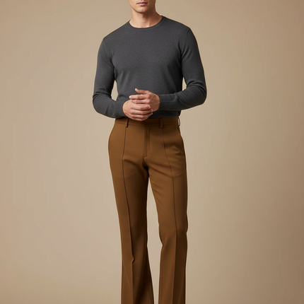 Pantalon Patte D'Éléphant Marron Plissé Homme Élastique Élégant - Gabardine