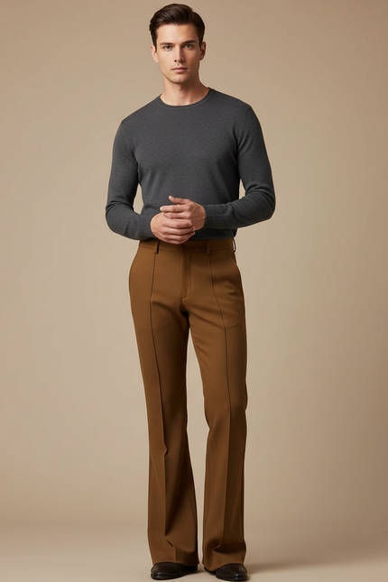 Pantalon Patte D'Éléphant Marron Plissé Homme Élastique Élégant - Gabardine
