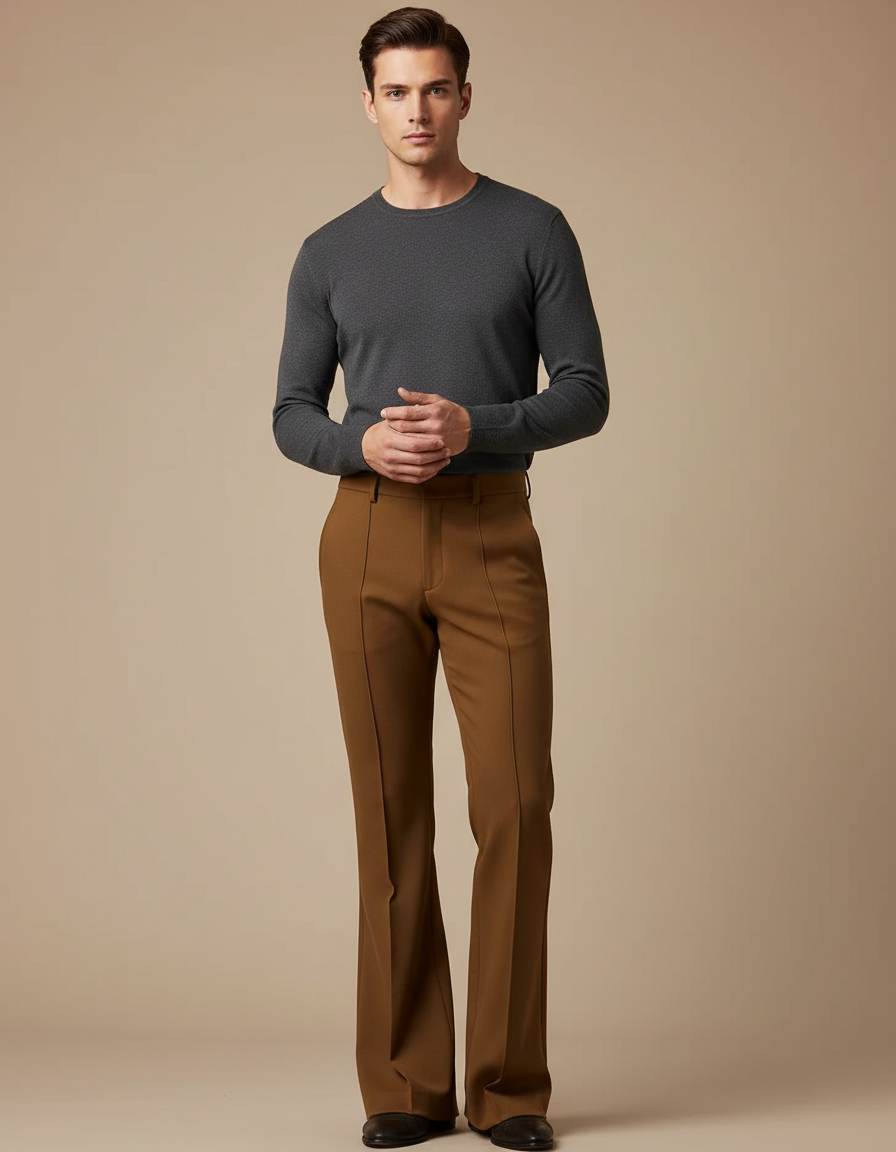 Pantalon Patte D'Éléphant Marron Plissé Homme Élastique Élégant - Gabardine