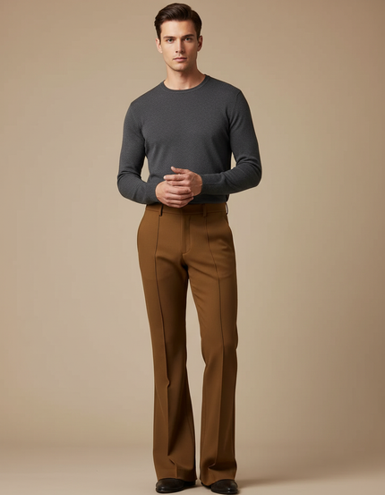 Pantalon Patte D'Éléphant Marron Plissé Homme Élastique Élégant - Gabardine