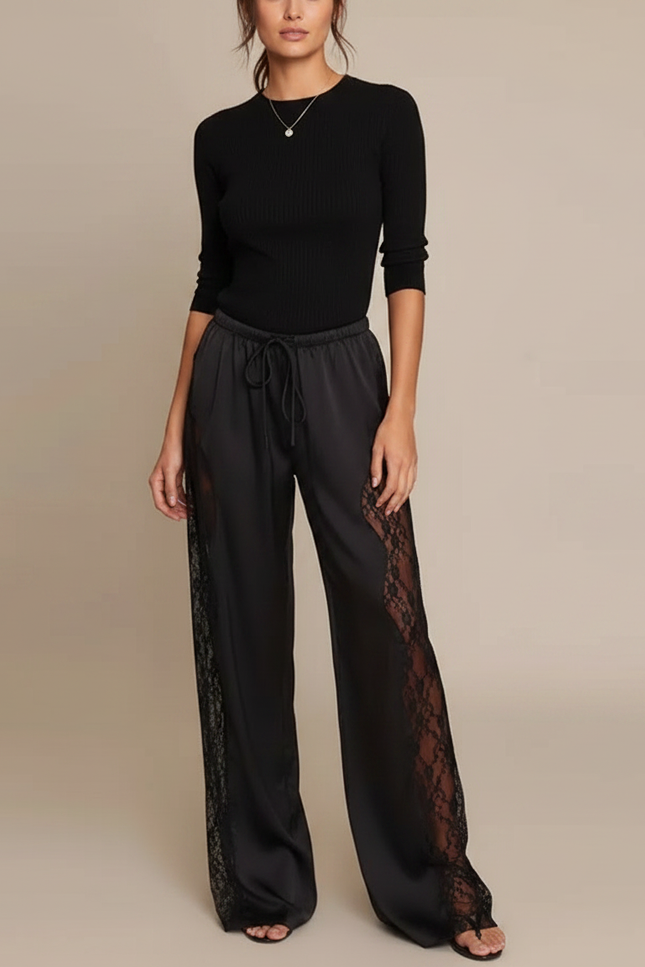 Pantalon Patte D'Éléphant Noir Satiné Dentelle Fluide Élégant