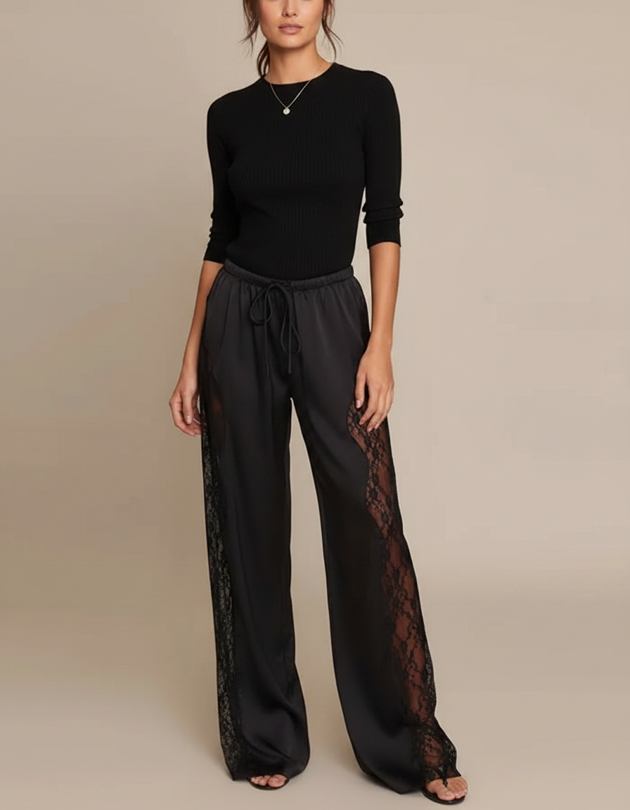 Pantalon Patte D'Éléphant Noir Satiné Dentelle Fluide Élégant