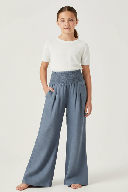 Pantalon Patte D'Éléphant Bleu Taille Smockée Ample Fluide Fille - Viscose