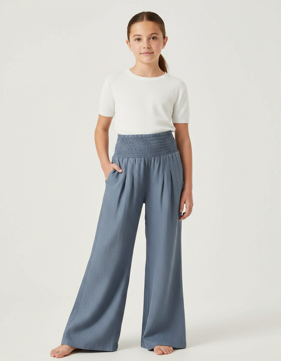 Pantalon Patte D'Éléphant Bleu Taille Smockée Ample Fluide Fille - Viscose