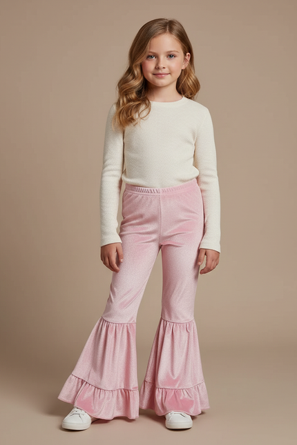 Pantalon Patte D'Éléphant Rose Velours Brillant Évasé Enfant