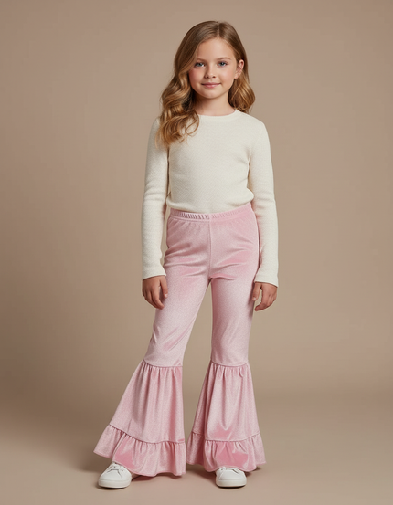 Pantalon Patte D'Éléphant Rose Velours Brillant Évasé Enfant