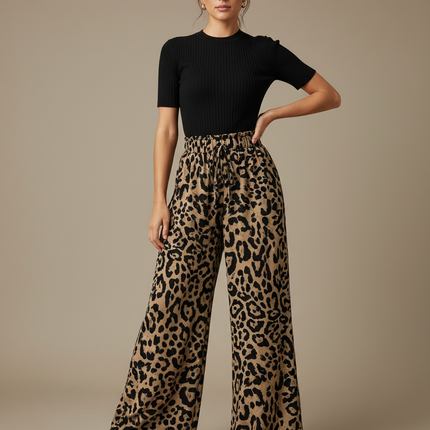 Pantalon Patte D'Éléphant Léopard Fluide Taille Haute - Imprimé Viscose