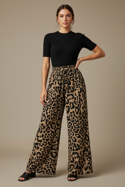 Pantalon Patte D'Éléphant Léopard Fluide Taille Haute - Imprimé Viscose