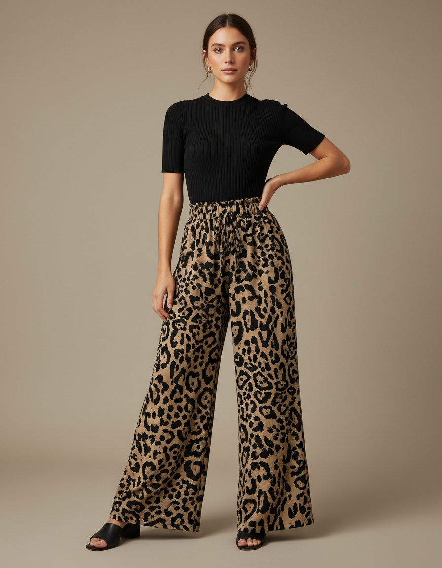 Pantalon Patte D'Éléphant Léopard Fluide Taille Haute - Imprimé Viscose