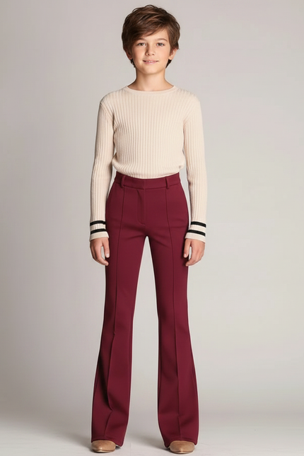 Pantalon Patte D'Éléphant Bordeaux Taille Haute Évasé Élégant - Gabardine