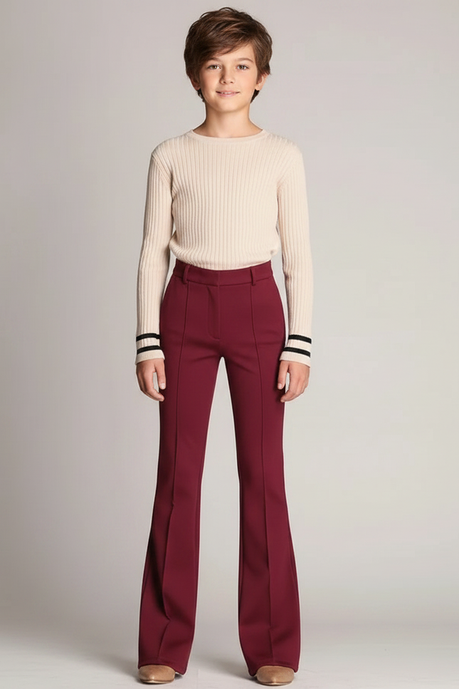 Pantalon Patte D'Éléphant Bordeaux Taille Haute Évasé Élégant - Gabardine