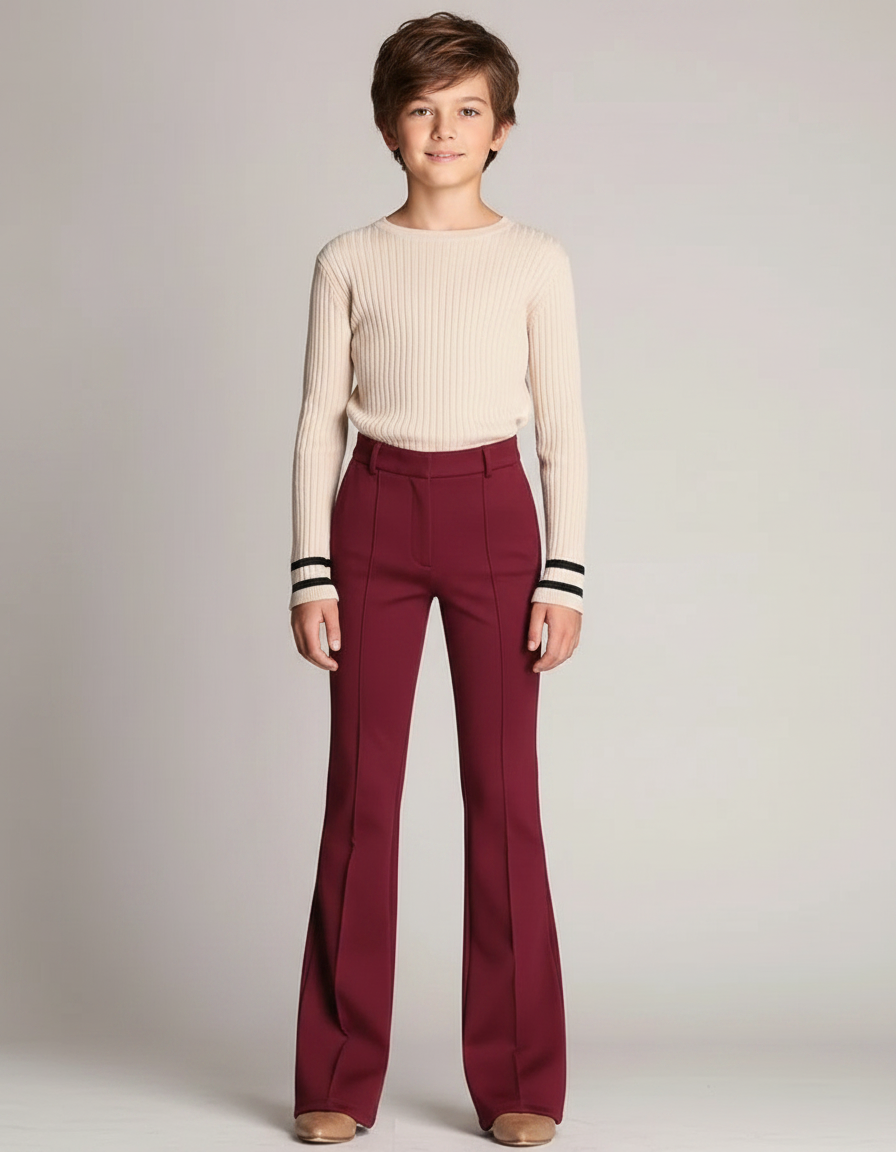 Pantalon Patte D'Éléphant Bordeaux Taille Haute Évasé Élégant - Gabardine