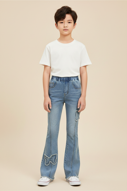 Pantalon Patte D'Éléphant Denim Bleu Papillons Évasé Enfant - Jean