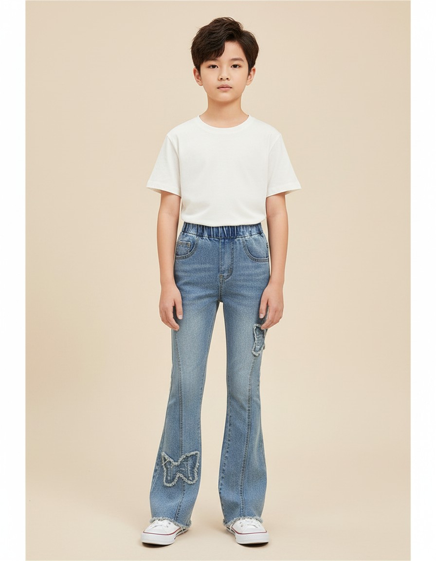 Pantalon Patte D'Éléphant Denim Bleu Papillons Évasé Enfant - Jean