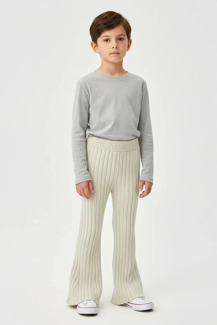 Pantalon Patte D'Éléphant Crème Côtelé Tricoté Confortable Enfant - Beige Maille