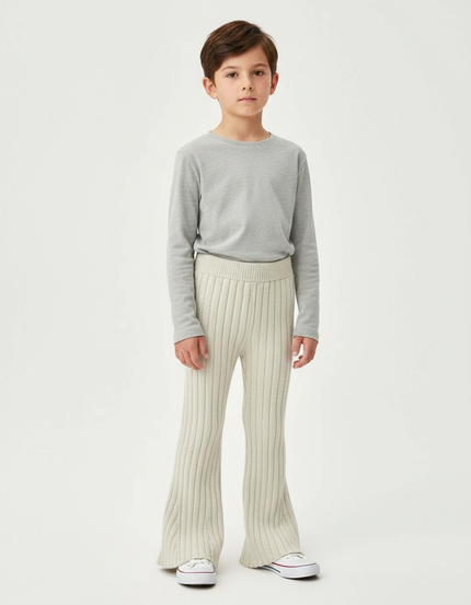 Pantalon Patte D'Éléphant Crème Côtelé Tricoté Confortable Enfant - Beige Maille