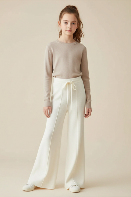 Pantalon Patte D'Éléphant Écru Tricot Côtelé Confortable Cordon - Blanc Maille