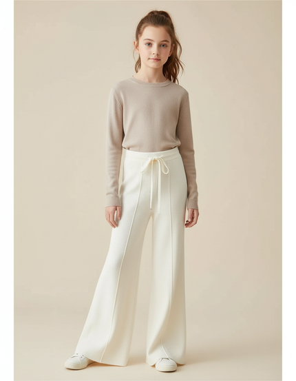 Pantalon Patte D'Éléphant Écru Tricot Côtelé Confortable Cordon - Blanc Maille