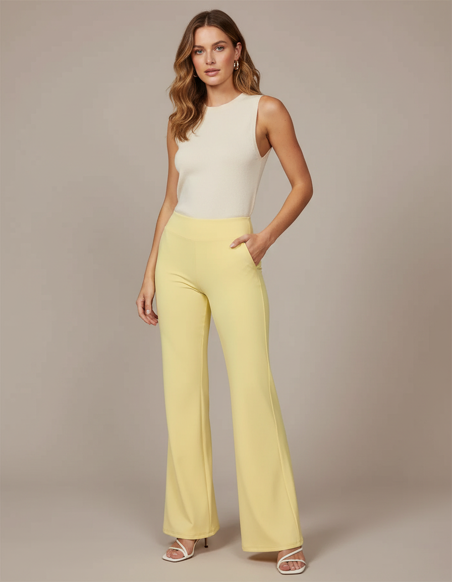 Pantalon Patte D'Éléphant Jaune Clair Fluide Taille Haute Élégant - Polyester