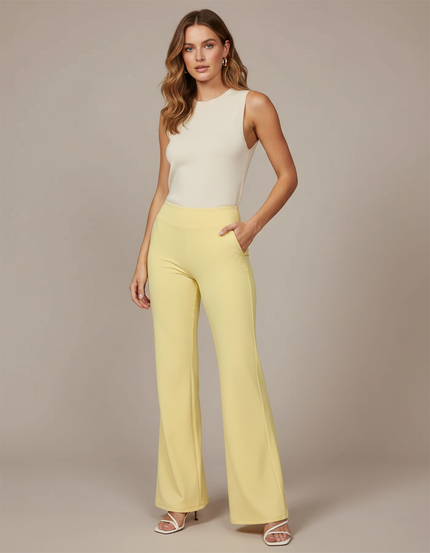Pantalon Patte D'Éléphant Jaune Clair Fluide Taille Haute Élégant - Polyester