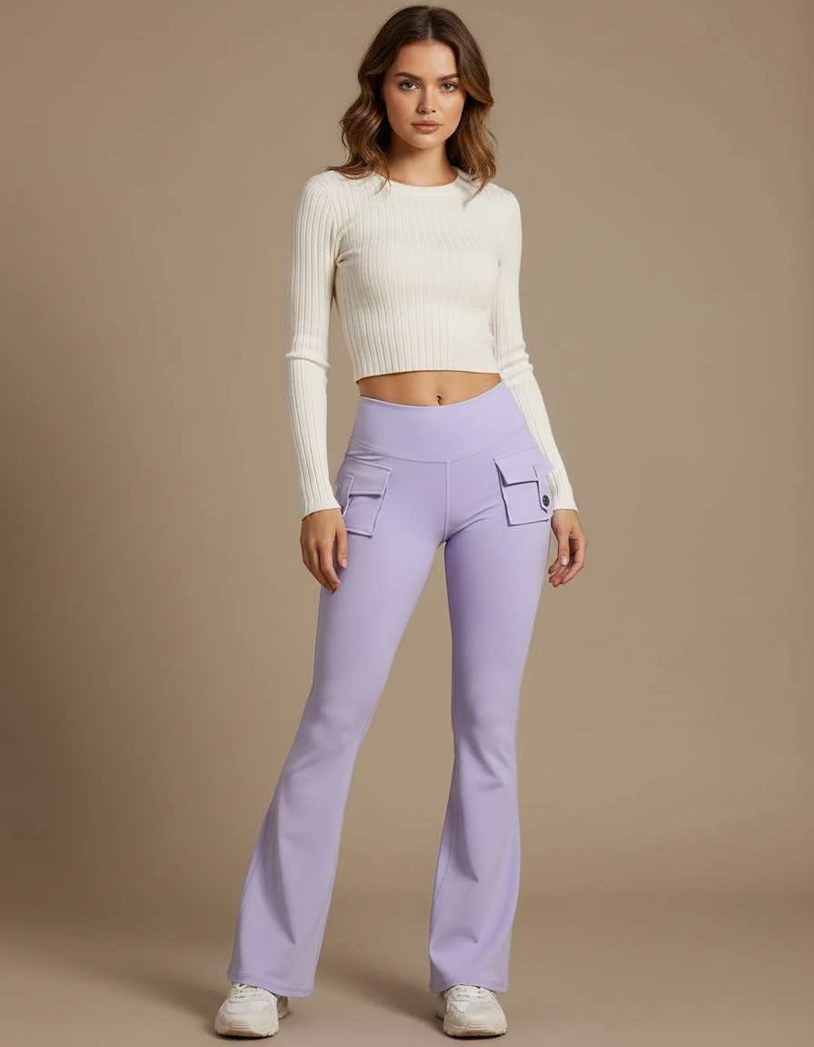 Pantalon Patte D'Éléphant Violet Taille Haute Poches Évasé - Polyester