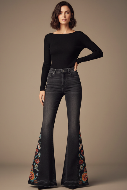 Pantalon Patte D'Éléphant Noir Brodé Floral Vintage Évasé - Jean