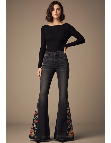 Pantalon Patte D'Éléphant Noir Brodé Floral Vintage Évasé - Jean