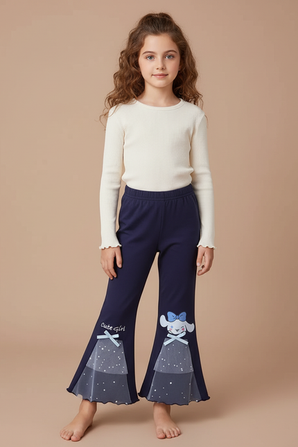 Pantalon Patte D'Éléphant Bleu Marine Évasé Imprimé Cinnamoroll Tulle - Molleton