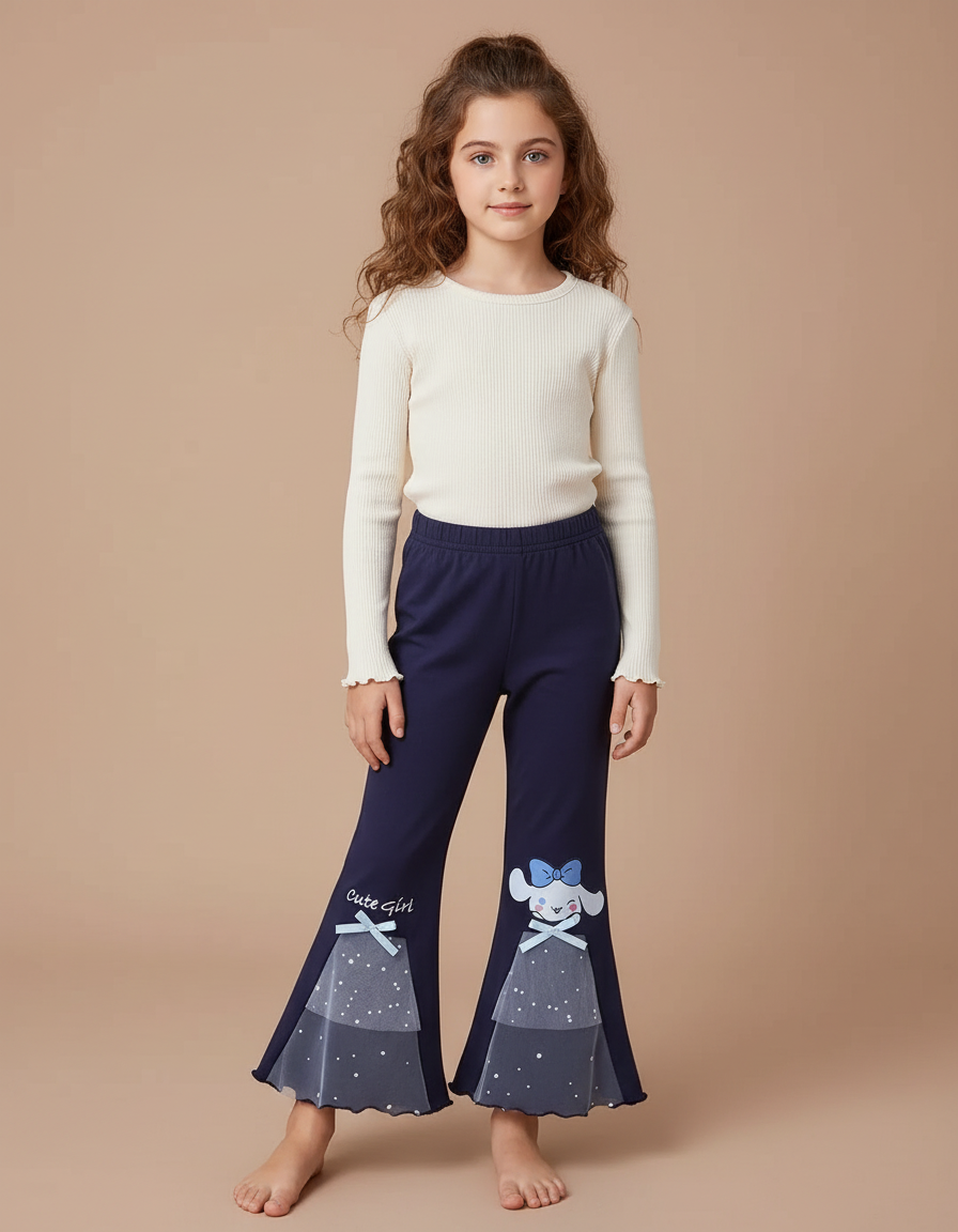Pantalon Patte D'Éléphant Bleu Marine Évasé Imprimé Cinnamoroll Tulle - Molleton