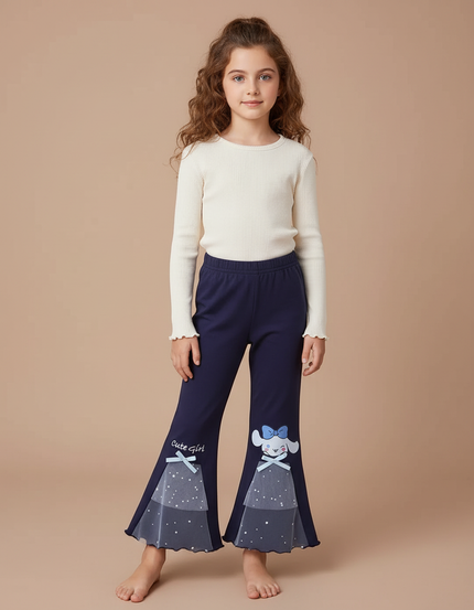 Pantalon Patte D'Éléphant Bleu Marine Évasé Imprimé Cinnamoroll Tulle - Molleton