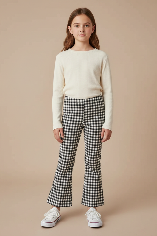 Pantalon Patte D'Éléphant Noir Blanc Vichy Évasé Fille Élégant - Multicolore Coton