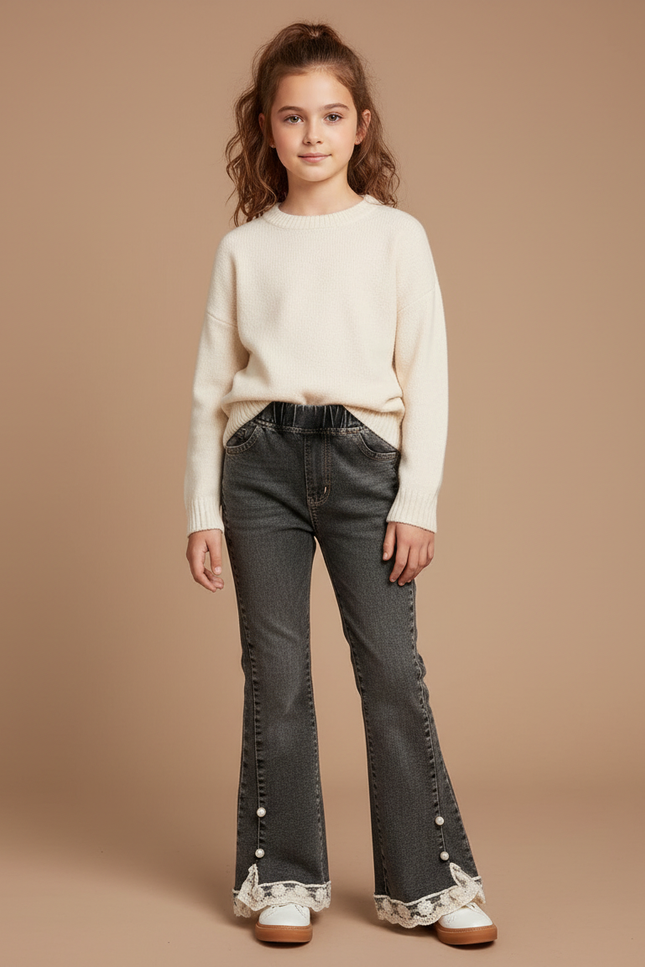 Pantalon Patte D'Éléphant Gris Dentelle Perles Fille - Jean