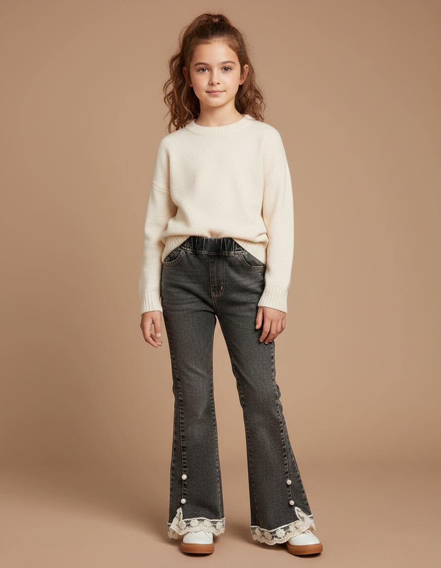 Pantalon Patte D'Éléphant Gris Dentelle Perles Fille - Jean