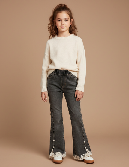 Pantalon Patte D'Éléphant Gris Dentelle Perles Fille - Jean