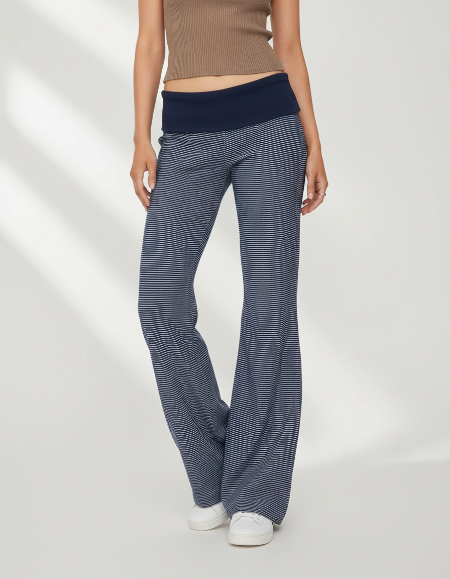 Pantalon Patte D'Éléphant Rayé Bleu Marine Fluide Confortable - Maille