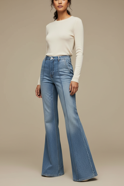 Pantalon Patte D'Éléphant Denim Bleu Clair Taille Haute Évasé - Jean