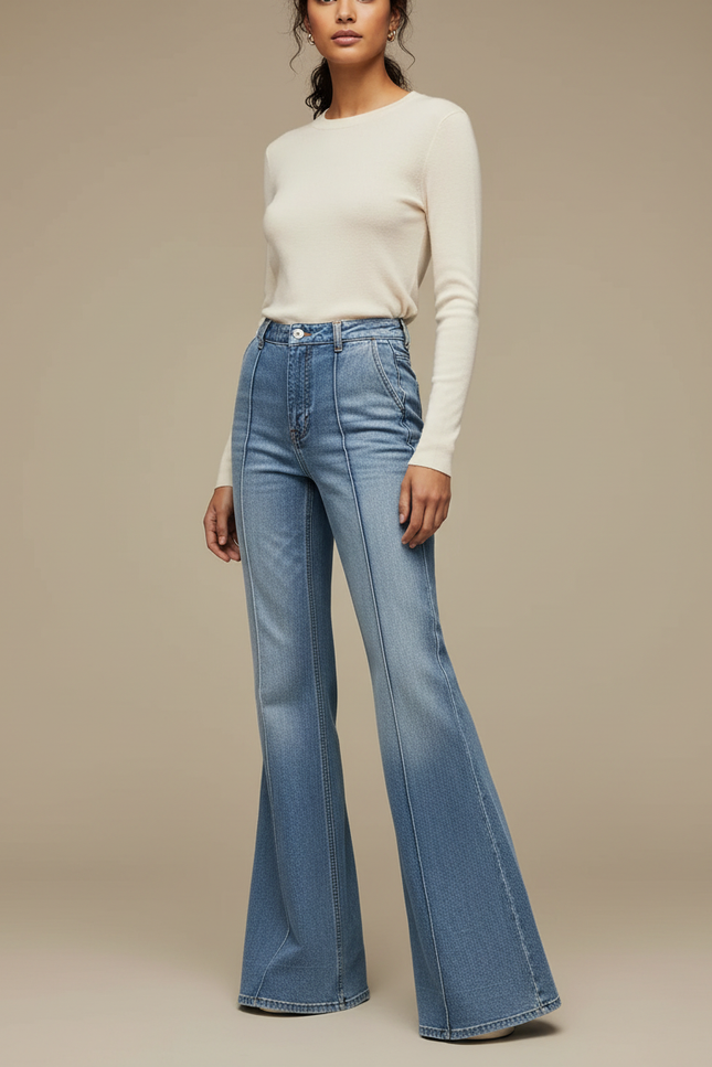 Pantalon Patte D'Éléphant Denim Bleu Clair Taille Haute Évasé - Jean