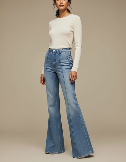 Pantalon Patte D'Éléphant Denim Bleu Clair Taille Haute Évasé - Jean