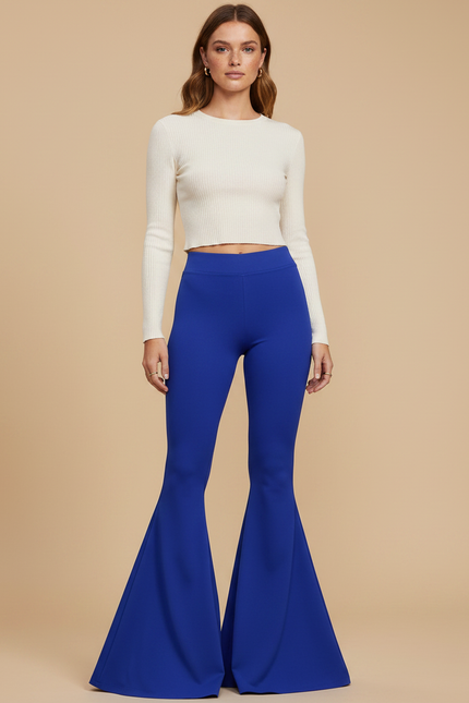 Pantalon Patte D'Éléphant Bleu Royal Taille Haute Évasé Fluide - Polyester