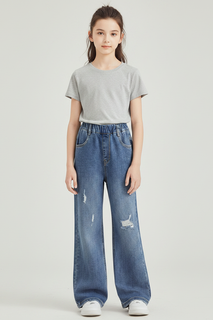 Pantalon Patte D'Éléphant Denim Large Déchiré Fille - Bleu Jean