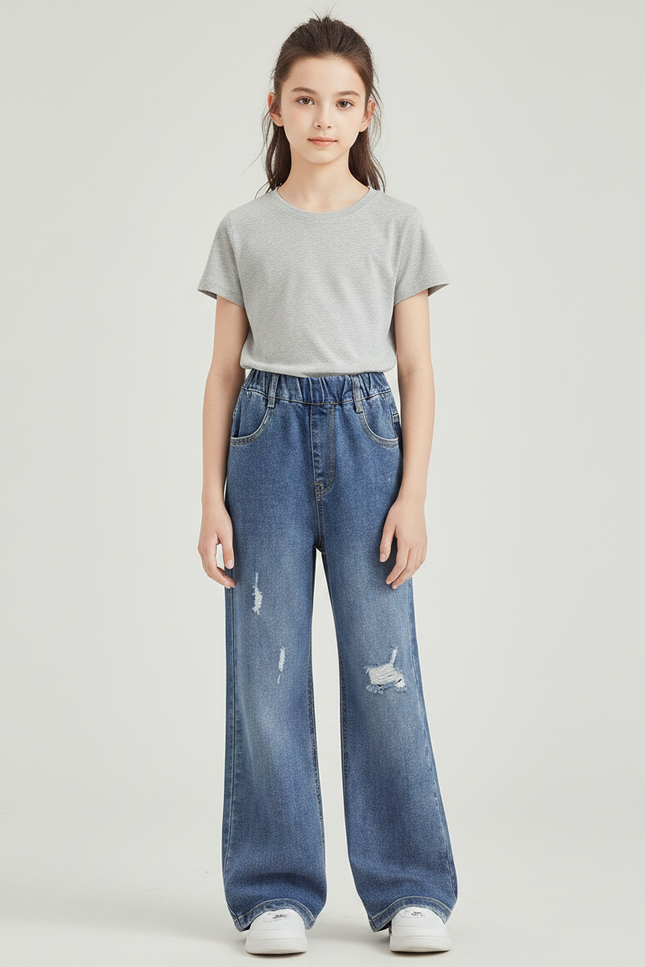 Pantalon Patte D'Éléphant Denim Large Déchiré Fille - Bleu Jean