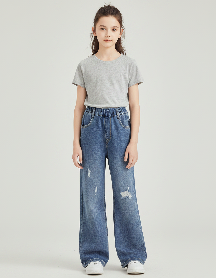 Pantalon Patte D'Éléphant Denim Large Déchiré Fille - Bleu Jean