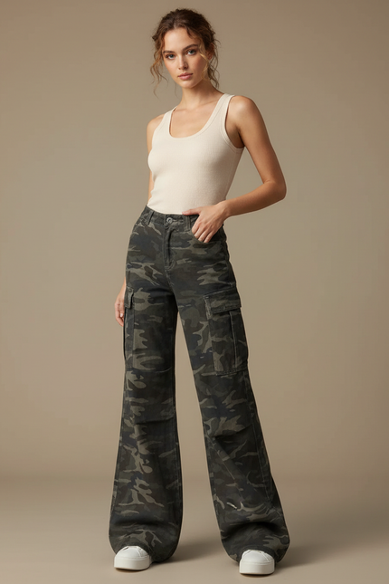 Pantalon Patte D'Éléphant Camouflage Cargo Ample Taille Haute - Kaki Toile