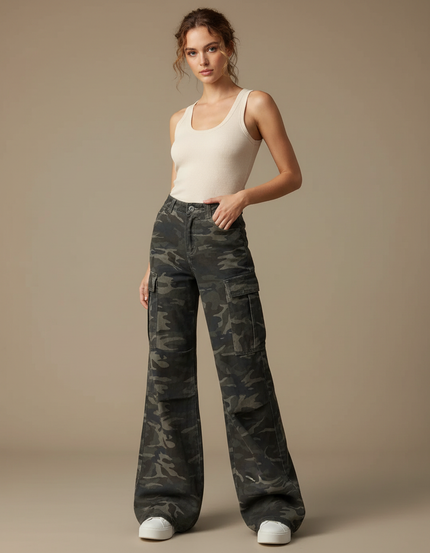 Pantalon Patte D'Éléphant Camouflage Cargo Ample Taille Haute - Kaki Toile